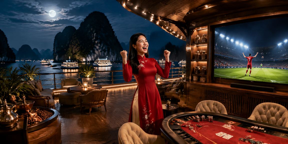 Khung cảnh Vịnh Hạ Long với người chơi card game trên du thuyền mặc áo dài truyền thống